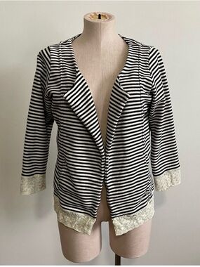 MAISON SCOTCH Stripe Blazer with Lace Detail Navy Blue and White Open Front